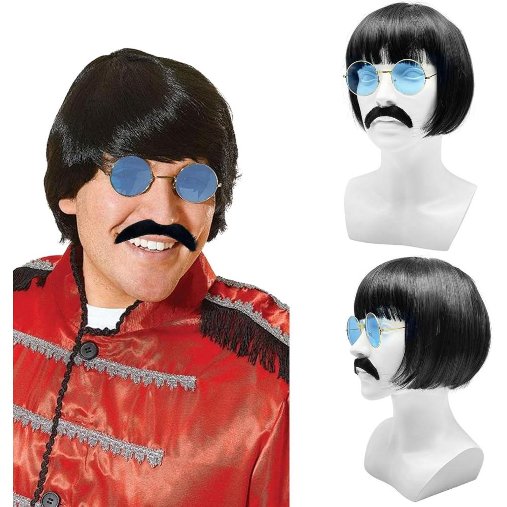 image3 Pices Perruque Hommes Noir Moustache Lunettes de Soleil Costume hippie Noir Straight Bob Wig With Bangs Perruque pour carnaval ou ftes thme Style Disco 70s NoirNoir