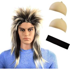 1 Perruque Rock avec 1 Bandeau de Cheveux Noir et 2 Couvre-Chefs teintés, Perruque Pop Rock pour Homme, Tenue Rock Assortie, adaptée pour Les déguisements et Mardi Gras.
