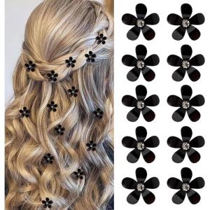 10 pièces de minis barrettes à cheveux blanches en forme de fleurs avec strass, charmantes pinces à cheveux, épingles à cheveux en fleurs, barrettes décoratives, barrettes de mariage(Noir)