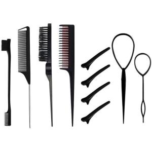 12 Pièces Brosses Cheveux En Nylon Pour Salon De Coiffure, Brosse Double Face Pour Bords De Cheveux, Peigne Lisse, Peignes à Queue De Rat Avec Pinces Bec De Canard Pour Femmes Et Filles (Noir, Rose)(Noir)