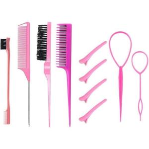 12 Pièces Brosses Cheveux En Nylon Pour Salon De Coiffure, Brosse Double Face Pour Bords De Cheveux, Peigne Lisse, Peignes à Queue De Rat Avec Pinces Bec De Canard Pour Femmes Et Filles (Noir, Rose)(Rose)