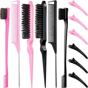 12 Pièces Brosses Cheveux En Nylon Pour Salon De Coiffure, Brosse Double Face Pour Bords De Cheveux, Peigne Lisse, Peignes à Queue De Rat Avec Pinces Bec De Canard Pour Femmes Et Filles (Noir, Rose)(Noir  Rose)