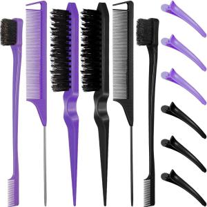 12 Pièces Brosses Cheveux En Nylon Pour Salon De Coiffure, Brosse Double Face Pour Bords De Cheveux, Peigne Lisse, Peignes à Queue De Rat Avec Pinces Bec De Canard Pour Femmes Et Filles (Noir, Rose)(Noir  Violet)