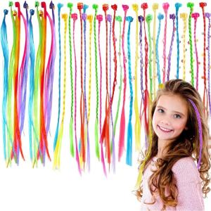 Lot de 42 extensions de cheveux colorées pour enfants avec pinces à cheveux, extensions de cheveux synthétiques à clipser, accessoires de fête pour filles et enfants (42 pièces)(Vert  orange  bleu  jaune  violet  rose  rouge)