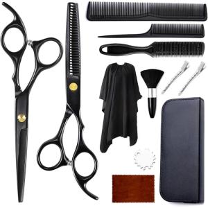 12 Pièces Kit Ciseaux Coiffure avec Cape, Peigne, Accessoires Coiffeur Salons Professionnel, Ciseaux Coiffure Desepaissir Acier Inoxydable, Ciseaux Barbe Cheveux pour Homme, Femme, Enfants (Noir)