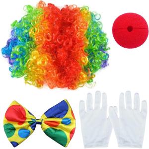 4 Pièces Accessoires Costume Clown Deguisement Gants Blancs Nez Rouge Nœud Papillon Perruque Style Cirque Deguisement Clown Enfant pour Halloween Carnaval Représentations Scène Théâtre