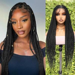 FAVE Perruque Tressée Cornrow Pour Femme – Fibre Synthétique à Dentelle Intégrale HD, Style Queue de Cheval Bouclée et Bouffant Afro (Noir Naturel)(1B)