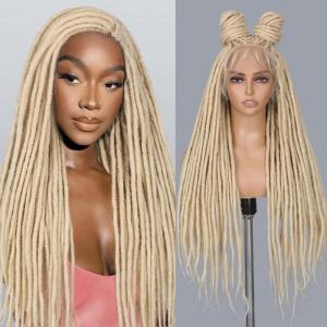 FAVE Perruque Tressée Cornrow Pour Femme – Fibre Synthétique à Dentelle Intégrale HD, Style Queue de Cheval Bouclée et Bouffant Afro (Noir Naturel)(Blond)