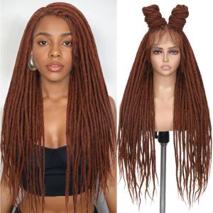 FAVE Perruque Tressée Cornrow Pour Femme – Fibre Synthétique à Dentelle Intégrale HD, Style Queue de Cheval Bouclée et Bouffant Afro (Noir Naturel)(Châtain Roux)
