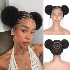 FAVE Perruque Tressée Cornrow Pour Femme – Fibre Synthétique à Dentelle Intégrale HD, Style Queue de Cheval Bouclée et Bouffant Afro (Noir Naturel)(Couleur Naturelle)