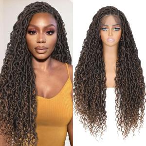 FAVE Perruque Tressée Cornrow Pour Femme – Fibre Synthétique à Dentelle Intégrale HD, Style Queue de Cheval Bouclée et Bouffant Afro (Noir Naturel)(Dreadlocks Bohème – Dégradé Brun)