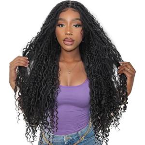 FAVE Perruque Tressée Cornrow Pour Femme – Fibre Synthétique à Dentelle Intégrale HD, Style Queue de Cheval Bouclée et Bouffant Afro (Noir Naturel)(Dreadlocks Bohème – Noir)