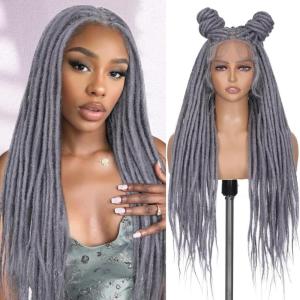 FAVE Perruque Tressée Cornrow Pour Femme – Fibre Synthétique à Dentelle Intégrale HD, Style Queue de Cheval Bouclée et Bouffant Afro (Noir Naturel)(Gris)