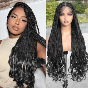 FAVE Perruque Tressée Cornrow Pour Femme – Fibre Synthétique à Dentelle Intégrale HD, Style Queue de Cheval Bouclée et Bouffant Afro (Noir Naturel)(NB)