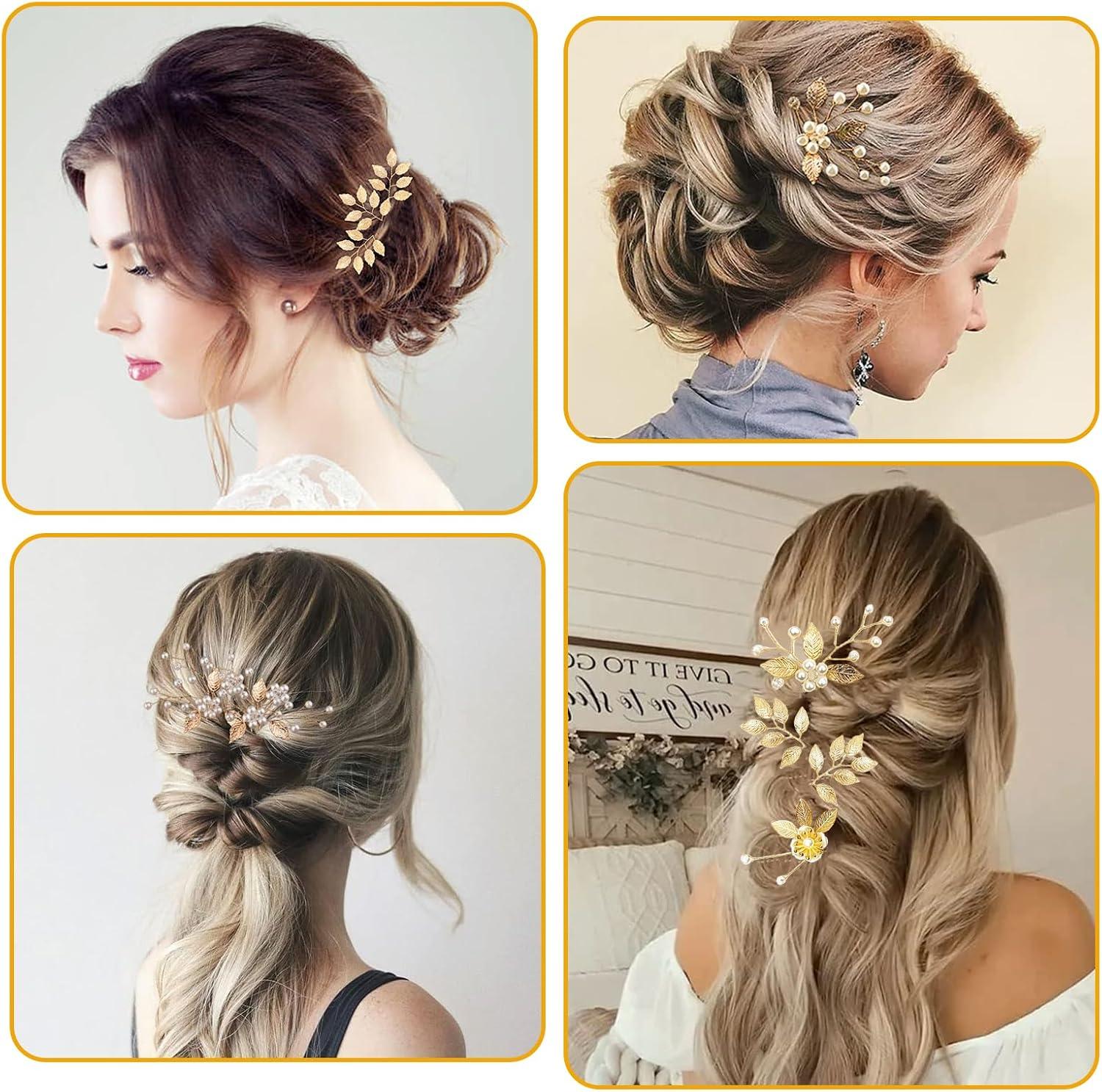 image:imageLot de 4 pingles cheveux de marie Feuilles dores Perles de cristal Vintage Accessoires de cheveux de mariage Avec strass Pour maries et demoiselles dhonneur 4 stylesStyle 4