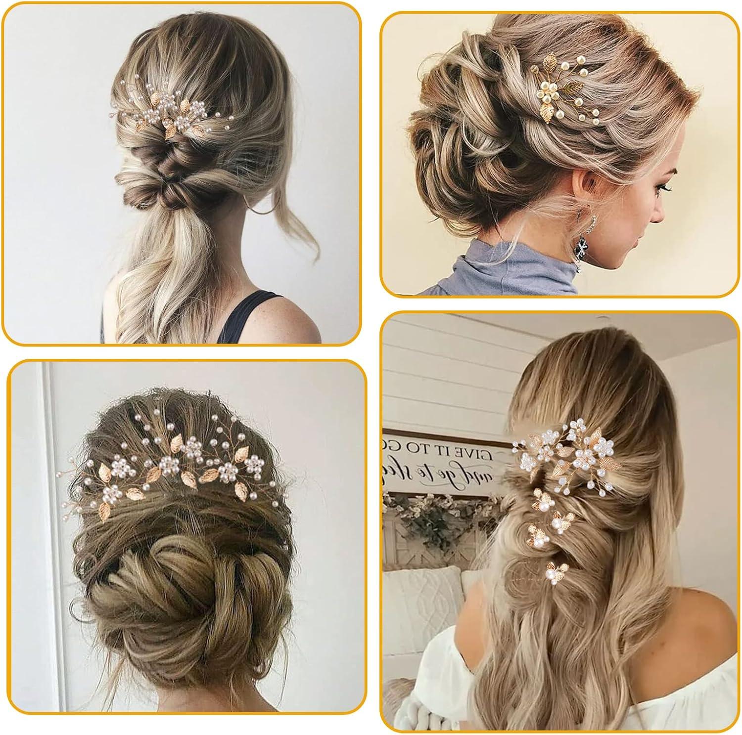 image:imageLot de 4 pingles cheveux de marie Feuilles dores Perles de cristal Vintage Accessoires de cheveux de mariage Avec strass Pour maries et demoiselles dhonneur 4 stylesStyle 3