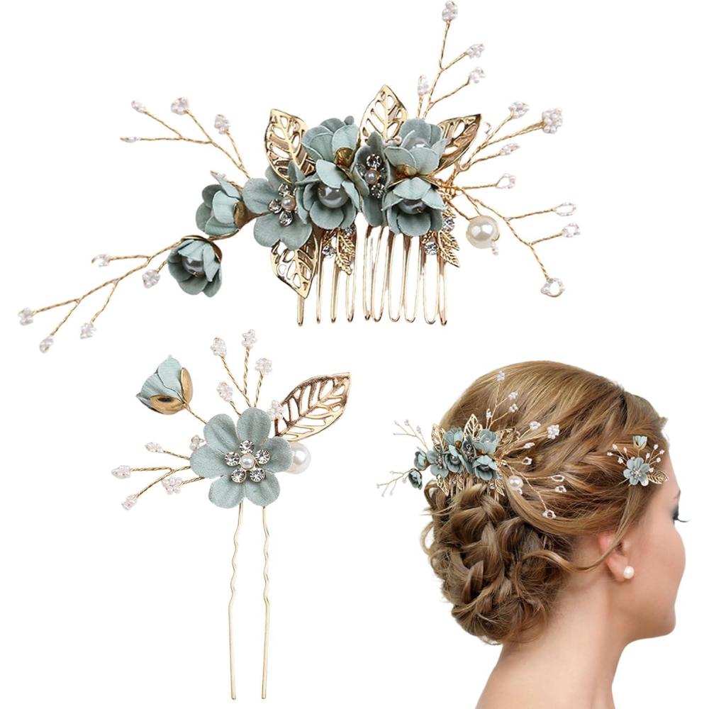 image:image2 Pices Pince Cheveux Mariage pingle Cheveux de Marriage Perle Cristal forme U Perle Pinces Cheveux Strass Accessoires Florales Accessoires de Coiffure pour Femmes et Filles