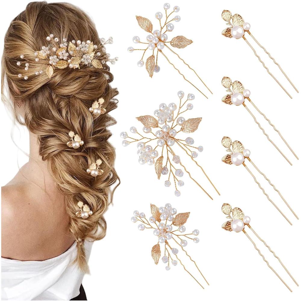 image:imageLot de 4 pingles cheveux de marie Feuilles dores Perles de cristal Vintage Accessoires de cheveux de mariage Avec strass Pour maries et demoiselles dhonneur 4 stylesStyle 3