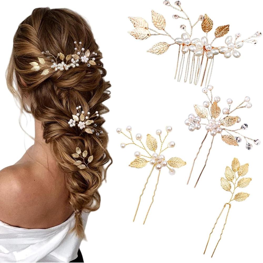 image:imageLot de 4 pingles cheveux de marie Feuilles dores Perles de cristal Vintage Accessoires de cheveux de mariage Avec strass Pour maries et demoiselles dhonneur 4 stylesStyle 2