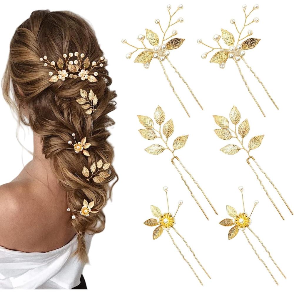 image:imageLot de 4 pingles cheveux de marie Feuilles dores Perles de cristal Vintage Accessoires de cheveux de mariage Avec strass Pour maries et demoiselles dhonneur 4 stylesStyle 4