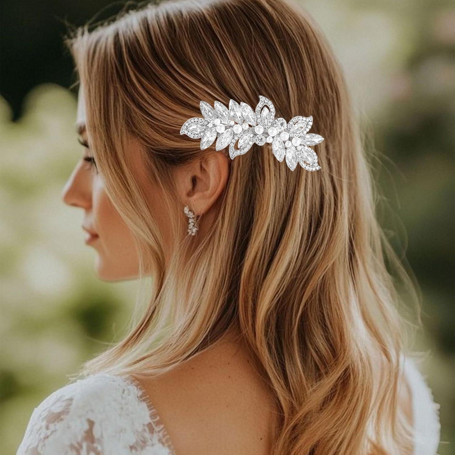 image:imageBarrettes en strass avec perle bijoux de cheveux argents pour femmes pingles cheveux cristallines pinces cheveux feuillues pour mariage marie cheveux longs