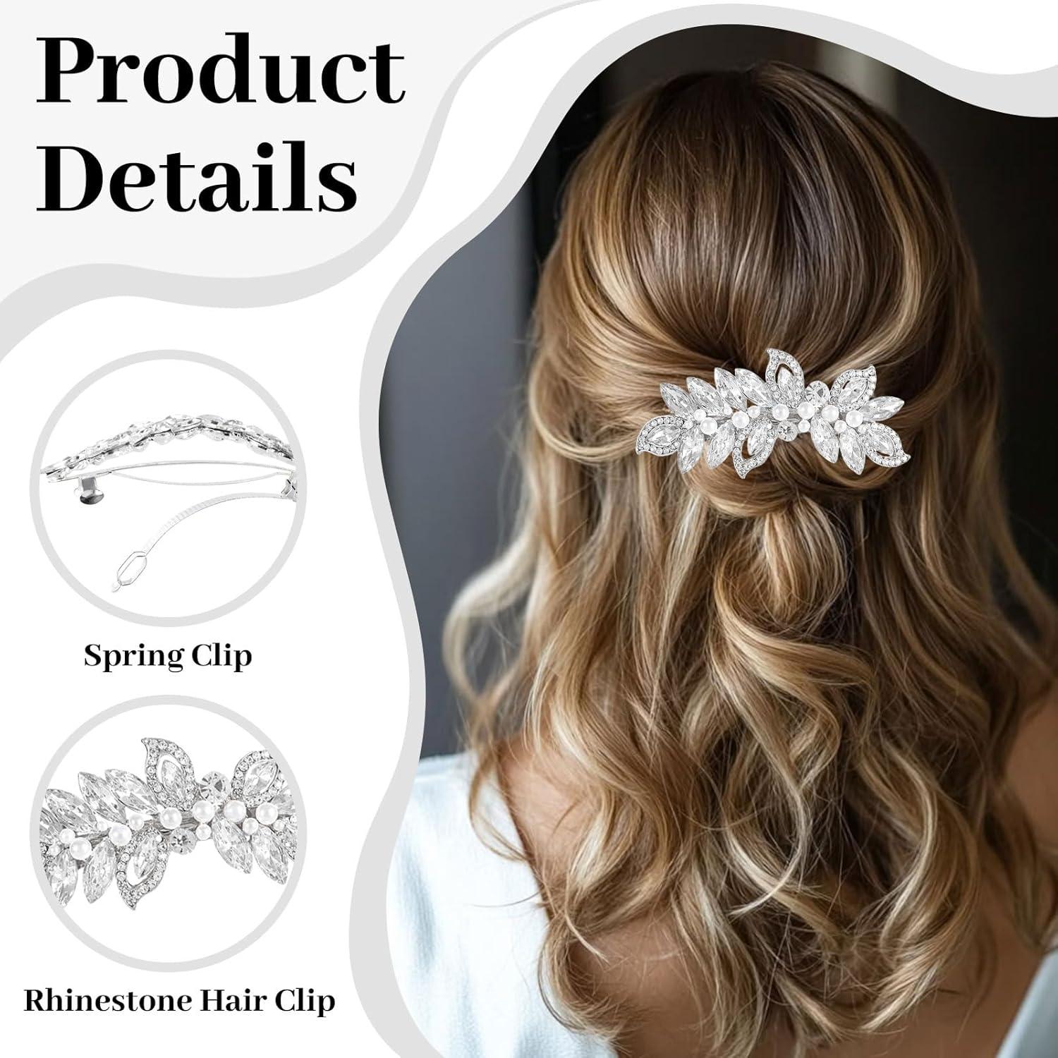 image:imageBarrettes en strass avec perle bijoux de cheveux argents pour femmes pingles cheveux cristallines pinces cheveux feuillues pour mariage marie cheveux longs