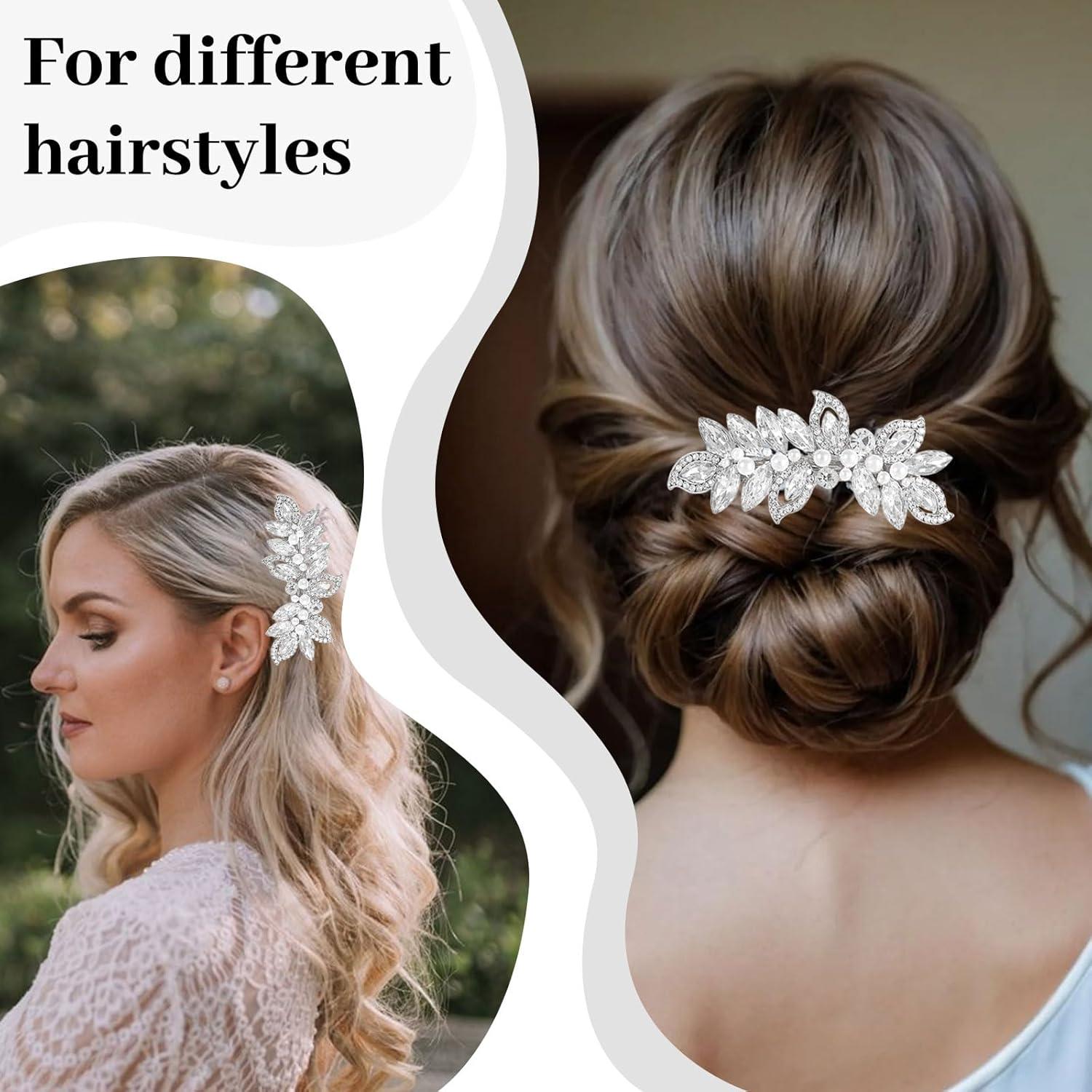 image:imageBarrettes en strass avec perle bijoux de cheveux argents pour femmes pingles cheveux cristallines pinces cheveux feuillues pour mariage marie cheveux longs