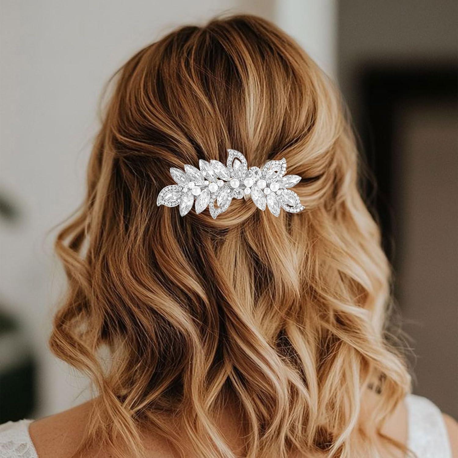 image:imageBarrettes en strass avec perle bijoux de cheveux argents pour femmes pingles cheveux cristallines pinces cheveux feuillues pour mariage marie cheveux longs