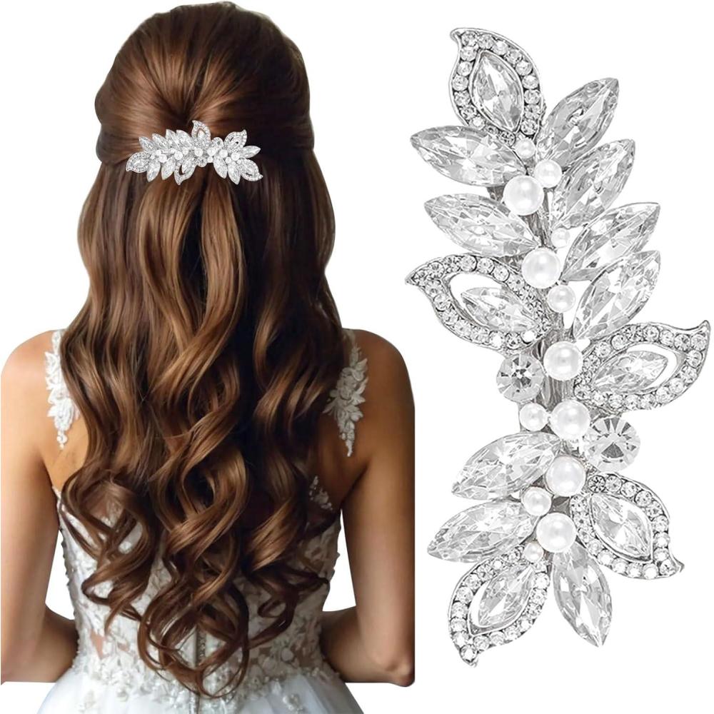 image:imageBarrettes en strass avec perle bijoux de cheveux argents pour femmes pingles cheveux cristallines pinces cheveux feuillues pour mariage marie cheveux longs