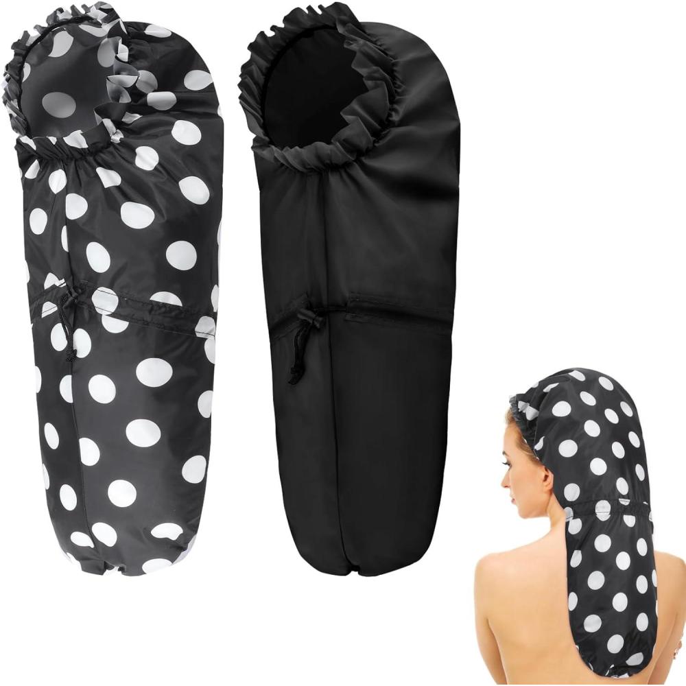image:imageLot de 2 grands bonnets de douche pour tresses bonnet de douche extra long pour cheveux longs et dreadlocks bonnet de bain impermable pour dreadlocks avec cordon de serrage pour homme et femmeNoir  pois