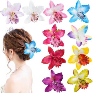 10 Pièces Hawaii Pince Cheveux Femme, Été Barrette Fleur Fille, Orchidées Doubles Clip pour Coiffure de Carnaval Danseuse Piscine Plage Fête Mariage (10pcs Fleur-2)(10pcs Fleur-1)