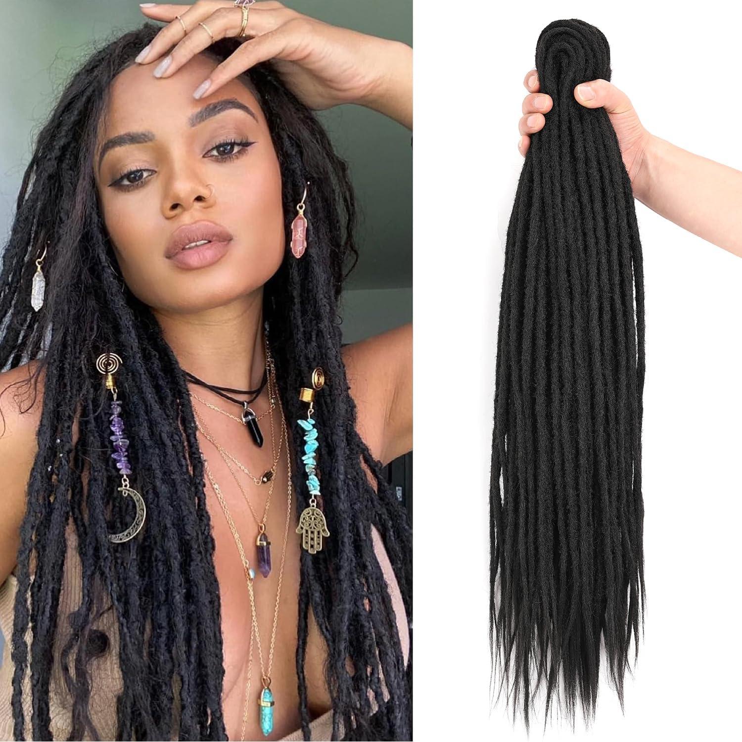 image:imageExtensions dreadlocks synthtiques noires 457 cm x 06 cm 20 brins faites la main style reggae crochets pour femmes et hommes1B