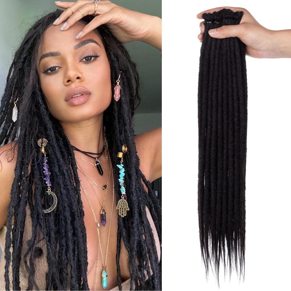 image:imageExtensions dreadlocks synthtiques noires 457 cm x 06 cm 20 brins faites la main style reggae crochets pour femmes et hommes1B