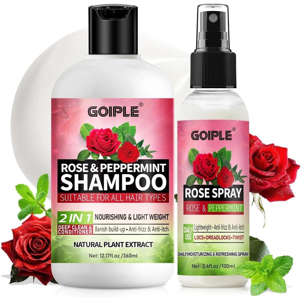 image:imageShampoing et AprsShampoing pour Tous Types de Dreadlocks Tresses et Torsades Leau de Rose et la Menthe Shampoing pour Cheveux Boucls et Spray Shampooing Rose Hydratant 2 PCS