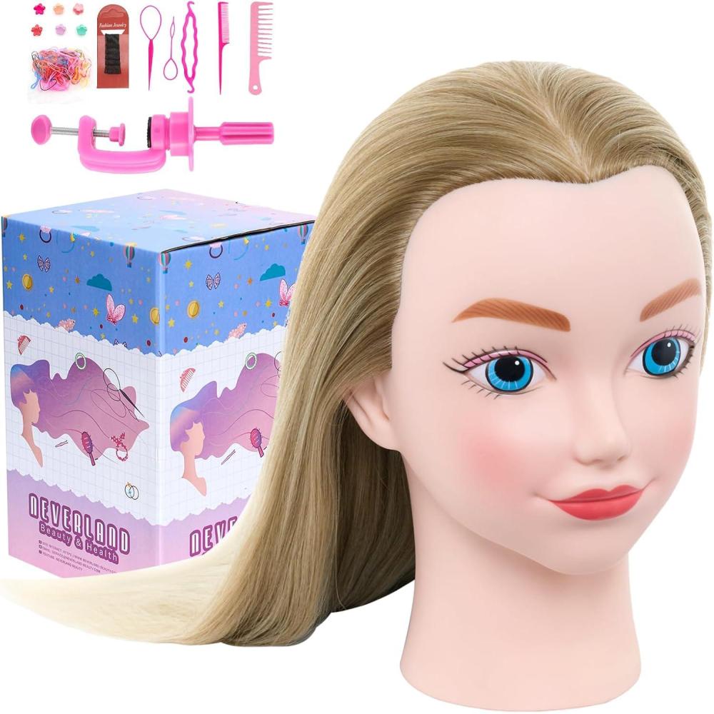image:imageNeverland Tete a Coiffer Professionnelle Tete a Maquiller avec 60 Cheveux Humains Tte de Coiffure Maquillage Tte dentranement avec Outils de Coiffure Cils et Pince de Table Blondmarron clair