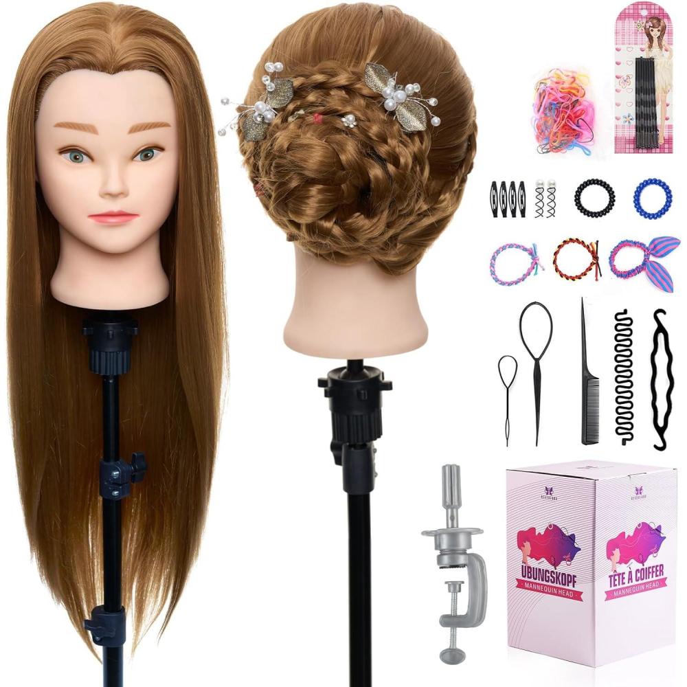 image:imageNeverland Tete a Coiffer Professionnelle Tete a Maquiller avec 60 Cheveux Humains Tte de Coiffure Maquillage Tte dentranement avec Outils de Coiffure Cils et Pince de Table Blondmarron