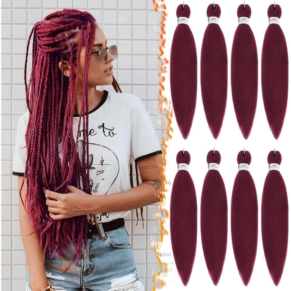 image:imageBARSDAR Cheveux Tresss Prtirs 66cm 8 Packs Longue Ombre Braiding Hair pour Tresses Africaine Rglage Deau Chaude Synthtique Yaki Texture Crochet Extensions de Cheveux T1B3027900 Bourgogne
