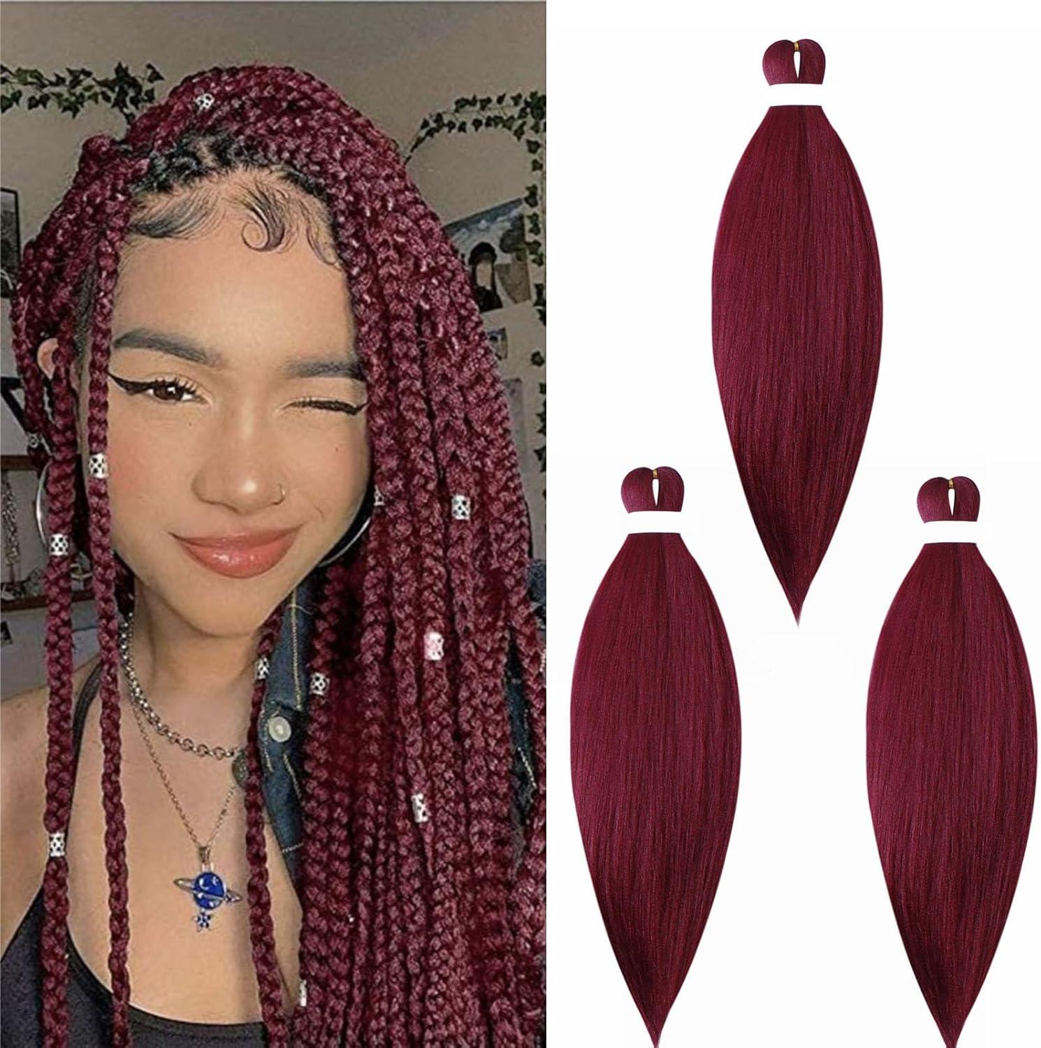 image:imageRajout Cheveux Tresse Prtir Tressage Cheveux Texture Yaki Easy Braids Extensions de Cheveux Tresss 1 Paquet Synthtiques Ombre Meches de Cheveux pour Tresses Africaine NoirampampGrisVin rouge