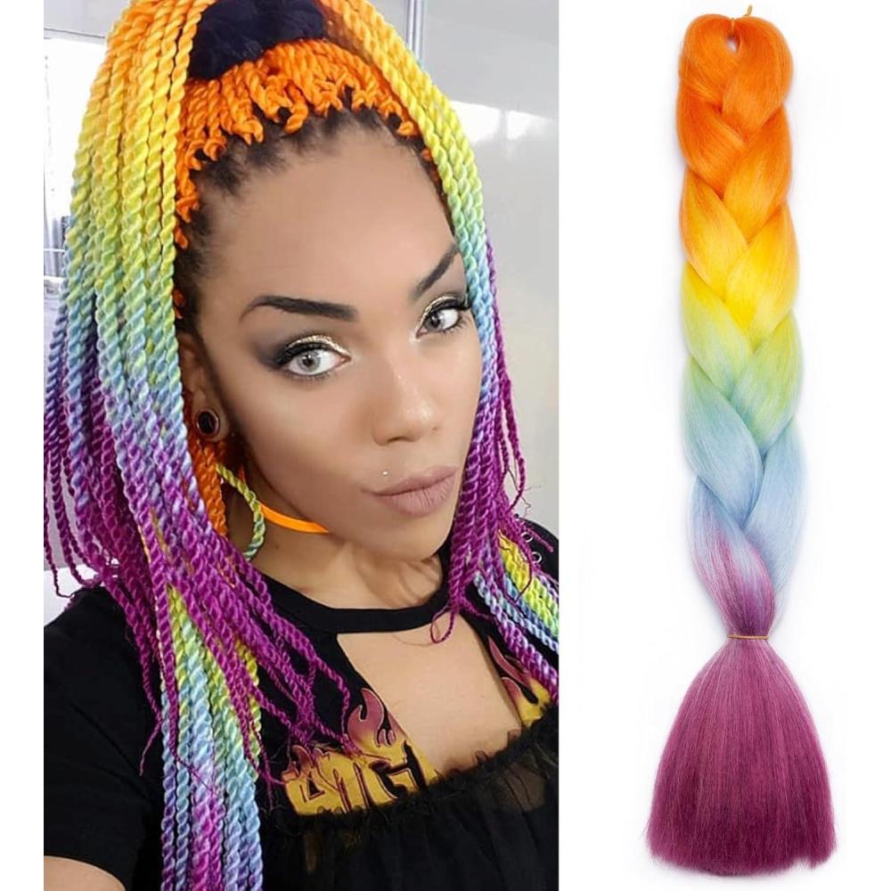 image:image3 Pices Mche Tresse Africaine Kanekalon Hair Braid 300G100gpice Extension Cheveux Tresse Synthtique Braiding Hair Extension 24 Pouces Blond Trs ClairOrange Jaune Bleu Rose