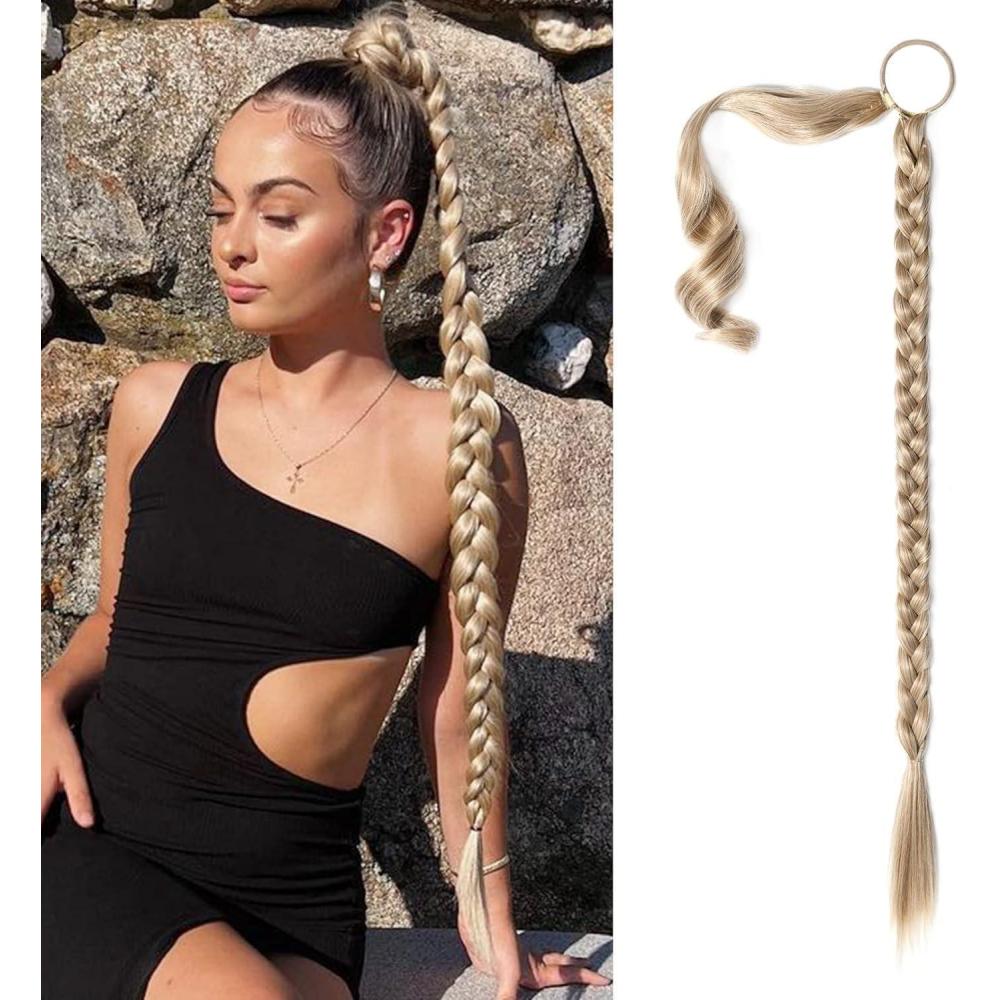 image:imagePostiche Queue de Cheval Extension Naturel 80cm Ponytail Extension Rajout Cheveux Tresses Naturellement Doux pour Cheveux Queue de Cheval Tresse Brun ClairCouleur or
