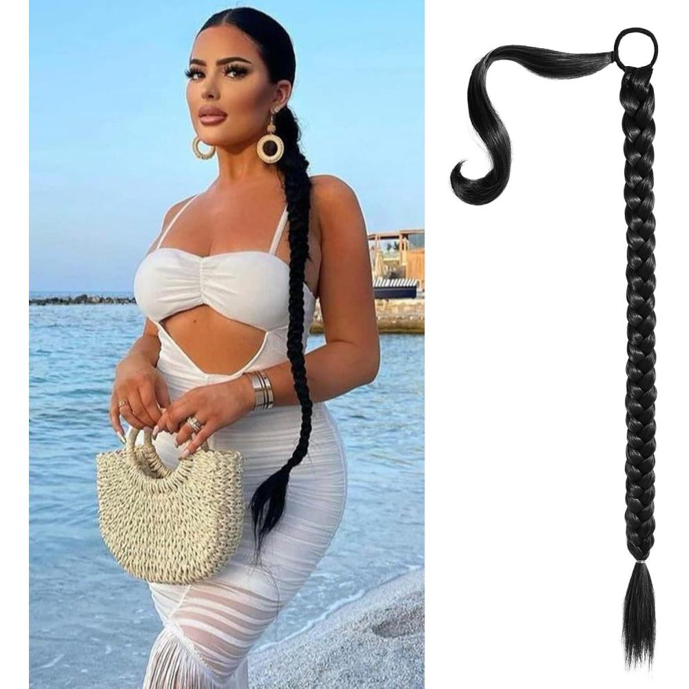 image:imagePostiche Queue de Cheval Extension Naturel 80cm Ponytail Extension Rajout Cheveux Tresses Naturellement Doux pour Cheveux Queue de Cheval Tresse Brun ClairNoir