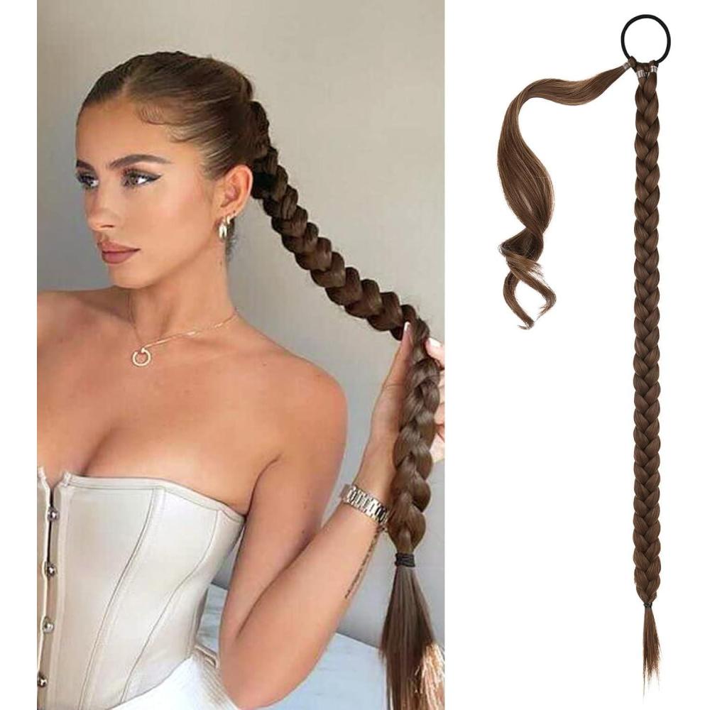 image:imagePostiche Queue de Cheval Extension Naturel 80cm Ponytail Extension Rajout Cheveux Tresses Naturellement Doux pour Cheveux Queue de Cheval Tresse Brun ClairBrun