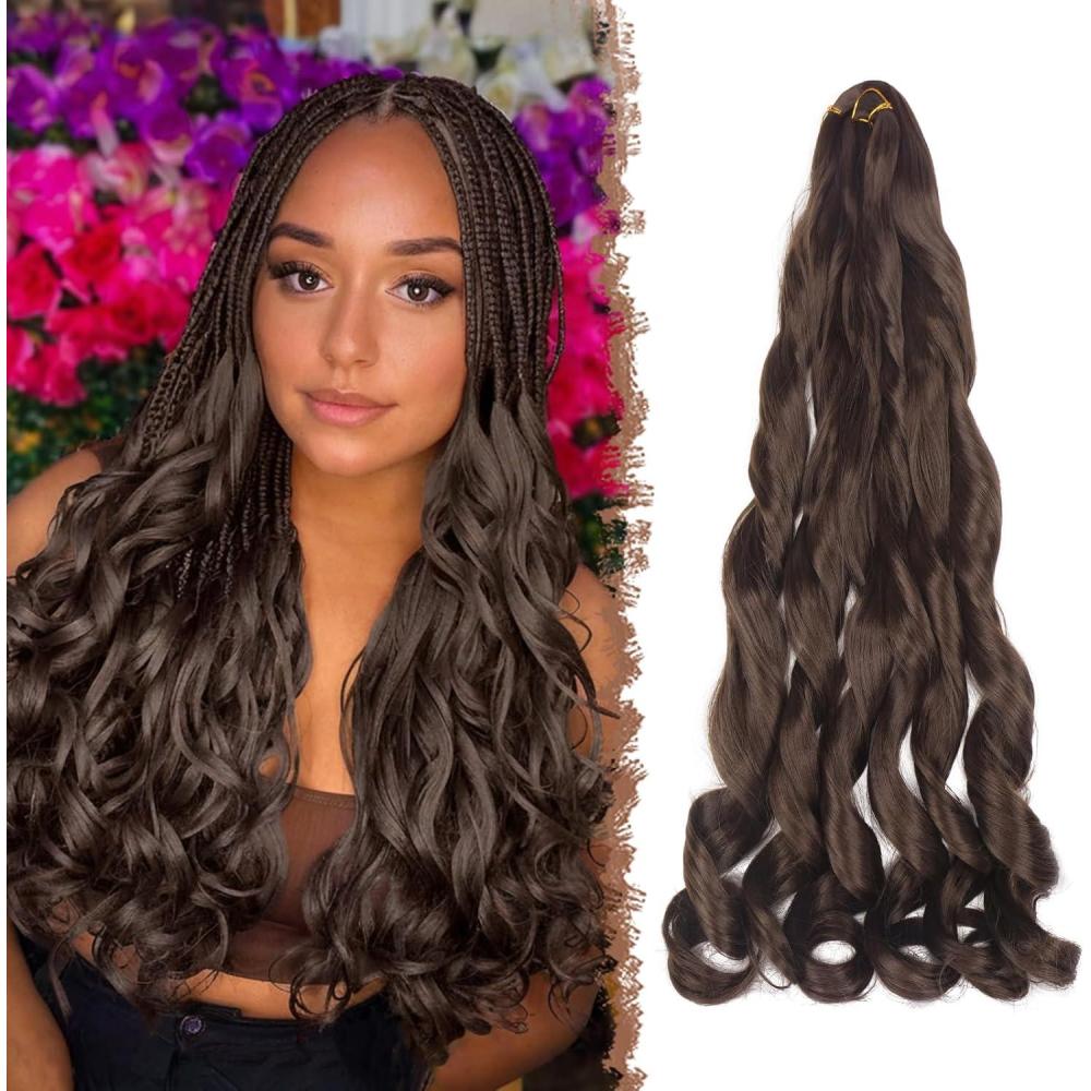 image:imageFESHFEN French Curl Braids 60 cm Rajout Cheveux Tresses Boucl Meches Boucle Pour Tresses Extension Synthtique Bouncy Loose Wavy Extensions pour Femmes Ombre NoirBrun Lot de 34 Brun