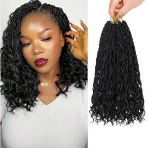 10 Inch Senegalese Twist Crochet Hair with Curls 9 Packs Boho Island Twist Crochet Braids with Curly Ends Natural Black Pre Looped Goddess Hair Extensions for Women (#1B)(#1B)