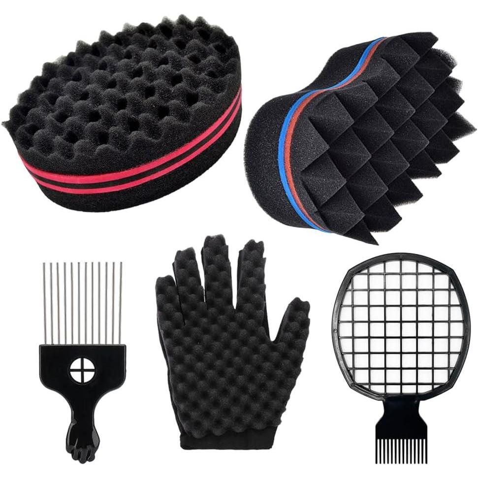 image:imageBrosse Cheveux Boucls 2 Pices ponge Twist Afro Peigne pour Cheveux Crpus avec Gants dponge