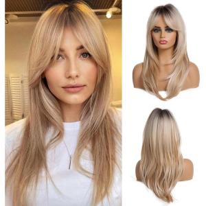 20 Pouces/50 cm Perruque Ombre Blonde pour Femmes avec Frange, Longue Layered Frange Droit Synthétique fibre Shoulder Longueur Cheveux Perruques, Verticale Naturelle avec Racines Foncées
