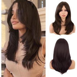 20 Pouces/50 cm Perruque Ombre Brun pour Femmes avec Frange, Longue Layered Frange Droit Synthétique fibre Shoulder Longueur Cheveux Perruques, Perruque Synthétique Résistante à la Chaleur