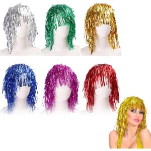 6 Pièces Métallique Brillant Perruque Coloré Guirlande Perruque Tinsel Wig Disco Accessoire Photobooth Convient pour Noël Halloween Soirée Célibataire Cosplay