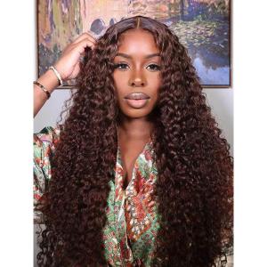 26 Pouces Deep Wave Perruque Femme Naturelle Brésilien Perruque Naturel Humaine Sans Colle Cheveux Humain bouclée 6X6 200% Densité Glueless HD Lace Wig Human Hair Pre Plucked Pre Cut No Glue(66cm)(Couleur marron chocolat)