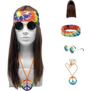 4-Pcs Déguisement Perruque Hippie Femme Homme, Année 80s 70/60 Perruque Disco avec Lunettes, Collier de Paix, Bandeau Tie-Dye, Costume pour Cosplay Carnaval Halloween Anniversaire Fête